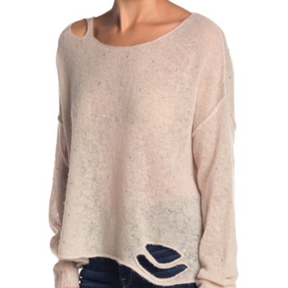 WILDFOX Sweater Wool Blend Distressed Beaded Lightweight NWT Tan Medium - Picture 2 of 9